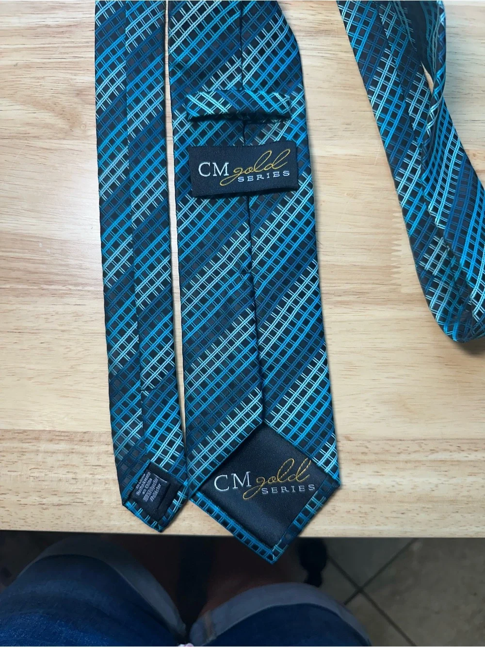 Men's CM Gold series Teal Plaid 64” long Tie - Modern Diagonal Pattern